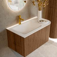 Mondiaz KURVE 85 cm Onderkast Greeploos 1 Lade Met Deuren Walnut, Wastafel Solid Surface Links Talc 1 Kraangat Zonder Spiegel (KRVCLO85R1L1D1KL-Wal/Tal)