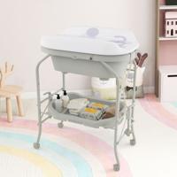Verschoontafel met Bad Draagbare Babyverschoontafel met PVC-Kussen Badje Opberglade Opvouwbare Verschoontafel met 4 Universele Wielen
