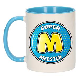 Cadeau koffie/thee mok voor meester - blauw - button - super meester - keramiek - meesterdag