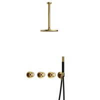Hotbath Cobber - CW7067 - Inbouw Regendoucheset - Geborsteld Messing PVD - 2 Stopkranen - Thermostatisch - Plafondbuis 30 cm - Hoofddouche 200 mm - Ronde Handdouche - Waterbesparend
