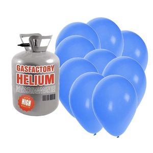 Helium tank met 50 blauwe ballonnen