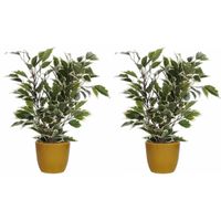 2x stuks groen/witte ficus kunstplant 40 cm met plantenpot okergeel D13.5 en H12.5 cm - Kunstplanten - thumbnail