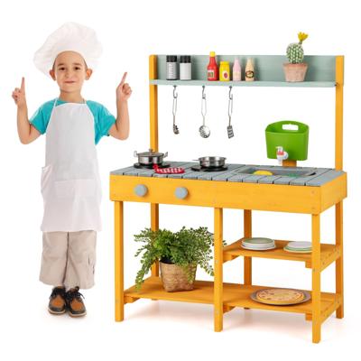 Modderkeuken voor Kinderen Outdoor met Waterfunctie/Haak/ Afneembaar Rek Tuinkeuken voor Kinderen Vanaf 3 Jaar Orange/Natuur