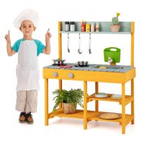 Modderkeuken voor Kinderen Outdoor met Waterfunctie/Haak/ Afneembaar Rek Tuinkeuken voor Kinderen Vanaf 3 Jaar Orange/Natuur