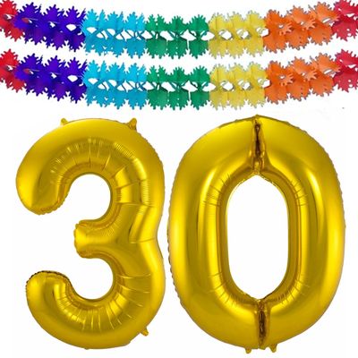 Grote folie ballonnen cijfer 30 in het goud 86 cm en 2x feestslingers Grote folie ballonnen cijfer 30 in het goud 86 cm en 2x feestslingers