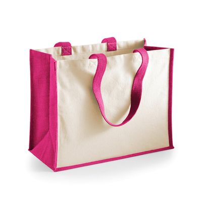 2x stuks jute katoenen boodschappentas in het fuchsia roze/natural 44 x 33 x 19 cm
