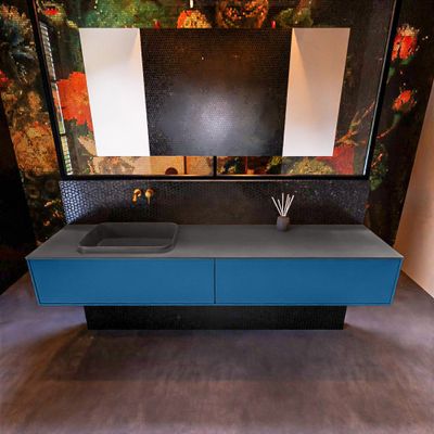 Badkamermeubelset Mondiaz Erin 200 cm met 2 Lades met RIDGE Wastafel Links Dark grey Zonder Kraangaten Greeploos Mat Jeans