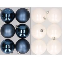 12x stuks kunststof kerstballen mix van donkerblauw en winter wit 8 cm   -