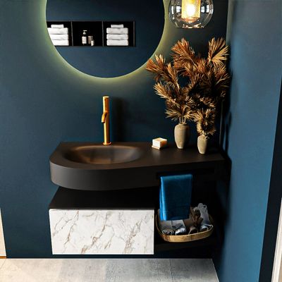 MONDIAZ RIVA 100cm badmeubel onderkast / planchet kleur carrara met 1 lade. Wastafel DULCET links 1 kraangat kleur Urban. MONDIAZ RIVA 100cm badmeubel onderkast / planchet kleur carrara met 1 lade. Wastafel DULCET links 1 kraangat kleur Urban.