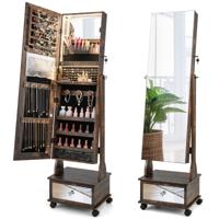 120 cm Zelfdragende Afsluitbare Juwelenkast Spiegel over de hele Lengte LED-Verlichting in 3 Kleuren Make-Upspiegel aan de Binnenkant-Koffie