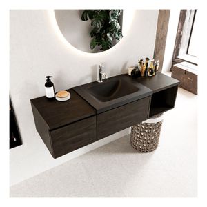 Mondiaz Bukla 140cm badmeubel met open module 40 rechts dark brown 2 lades met wastafel rechts 1 kraangat kleur urban