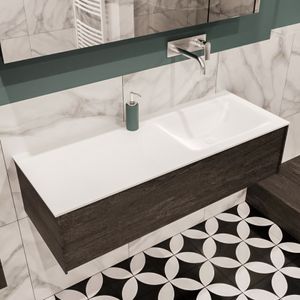 Mondiaz Lush Cloud badmeubel eiken donker bruin 120 cm 1 lade solid surface enkele spoelbak rechts zonder kraangat