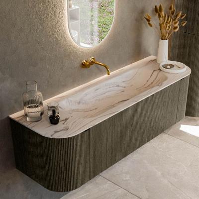 Badmeubel Mondiaz Kurve-Dlux | 150 cm | Meubelkleur Shadow | Wastafelkleur Nata | Solid surface | Wasbak midden spoelbak | Zonder kraangat(en)
