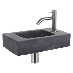 Differnz Force fonteinset - 40x22x9cm - Rechthoek - 1 kraangat - Gebogen matte chromen kraan - Natuursteen Zwart 38.400.38