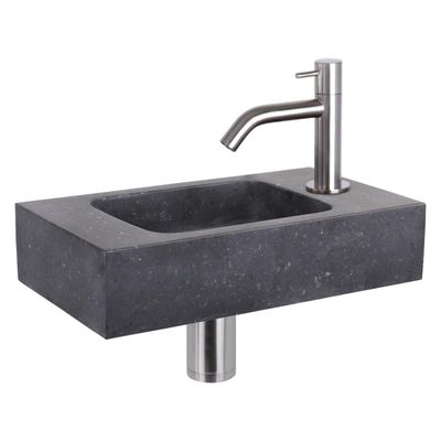 Differnz Force fonteinset - 40x22x9cm - Rechthoek - 1 kraangat - Gebogen matte chromen kraan - Natuursteen Zwart 38.400.38