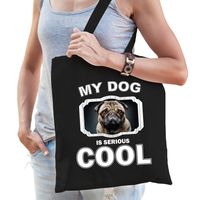 Mopshond honden tasje zwart volwassenen en kinderen - my dog serious is cool kado boodschappentasje