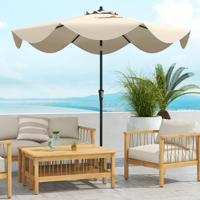 280 cm Terras Parasol met Zwengel Kanteling met Drukknop Marktparasol met Dubbele Luifel Robuust Buitenparasol Marineblauw/Beige