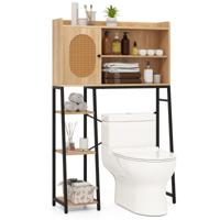 Toiletkast met PE-Rotan Deur Toiletrek met Verstelbare Plank en Opbergvakken Vrijstaande Bovenbouwkast Wasmachinerek in Boho-Stijl