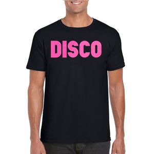 Bellatio Decorations Verkleed T-shirt heren - disco - zwart - roze glitter - jaren 70/80 - carnaval 2XL  -