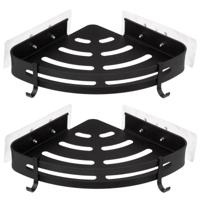 5Five Badkamer organizer - 2x - zwart - metaal - zeep bakje met haakjes - 23 x 23 cm - hoek rekje