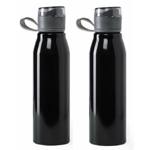 Aluminium waterfles/drinkfles - 2x - metallic zwart - met schroefdop - 700 ml - Drinkflessen
