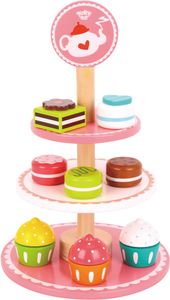 Tooky toy Houten Etagère met Gebakjes Roze/Wit 12-delig