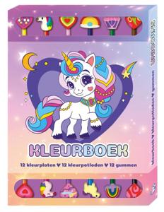 Kleurboek Box met 12 potloden en gummen - Unicorns (Paperback)