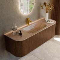 Badmeubel Mondiaz Kurve-Dlux | 140 cm | Meubelkleur Walnut | Wastafelkleur Arena | Solid surface | Wasbak midden spoelbak | 1 kraangat