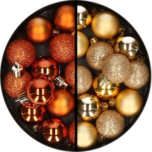 34x stuks kunststof kerstballen oranje en goud 3 cm