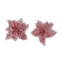 4x stuks decoratie kerststerren bloemen roze glitter op clip 18 cm