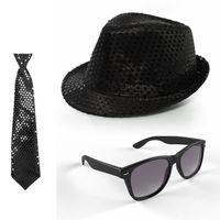 Carnaval verkleed set glitter hoed/stropdas/party bril zwart - Verkleedhoofddeksels - thumbnail