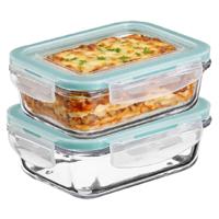 5Five Vershoudbakje met deksel - 2x - glas - luchtdicht - met clips - 26 x 21 x 8 cm - 2260 ml