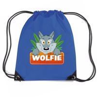 Wolfie de Wolf trekkoord rugzak / gymtas blauw voor kinderen - thumbnail