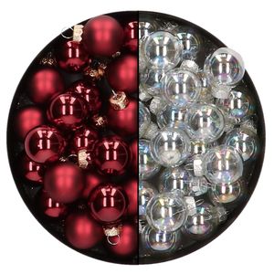 Mini kerstballen - 48x st - transparant parelmoer en donkerrood - 2,5 cm - glas