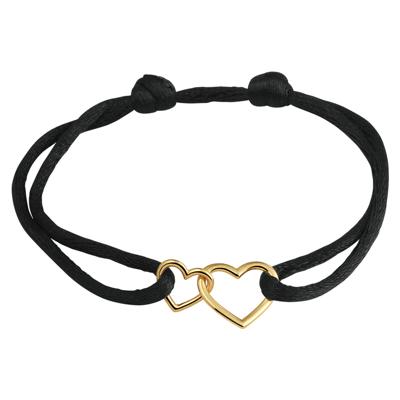 Zwart Gevlochten Armband met Twee 14k Geelgouden Hartjes - Verstelbare Draaglengte (13-26cm)