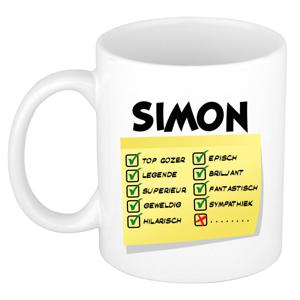 Naam mok Simon - wit - top gozer - keramiek - 300 ml - cadeau collega beker