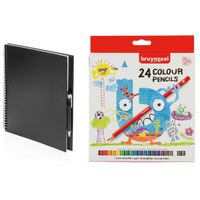 Schetsboek/tekenboek zwart met 24 kleurpotloden   - - thumbnail