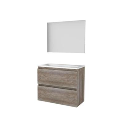 Basic-Line Basic 39 Badkamermeubelset - Ondiep - 80 x 39 cm - Greeploos - 2 Lades - Keramische Wastafel - 1 Kraangat - Spiegel - Scotch Oak