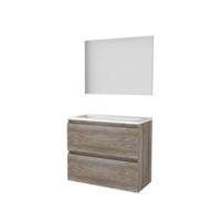 Basic-Line Basic 39 Badkamermeubelset - Ondiep - 80 x 39 cm - Greeploos - 2 Lades - Keramische Wastafel - 1 Kraangat - Spiegel - Scotch Oak