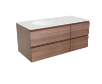 Balmani Lucida zwevend badmeubel 120 x 55,5  cm notenhout met Tablo Still asymmetrisch linkse wastafel in mat witte solid surface