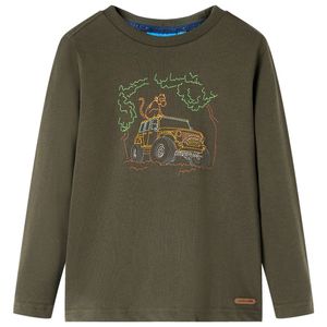 Kindershirt met lange mouwen terreinwagenprint 128 kakikleurig