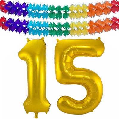 Folie ballonnen - Leeftijd cijfer 15 - goud - 86 cm - en 2x feestslingers - verjaardag versiering
