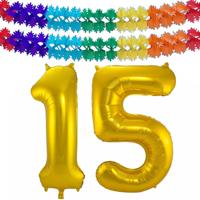 Folie ballonnen - Leeftijd cijfer 15 - goud - 86 cm - en 2x feestslingers - verjaardag versiering