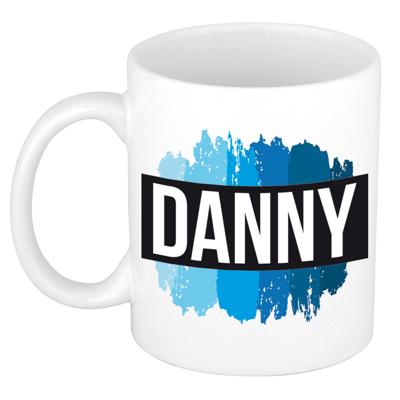 Danny naam cadeau koffie mok - beker - met blauw verfstrepen - Cadeau collega - vaderdag