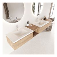 Mondiaz Bukla 240cm badmeubel met open module 40 links kleur washed oak 3 lades wastafel dubbel 2 kraangaten kleur talc