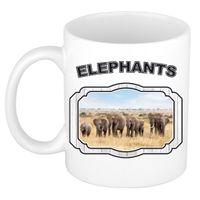 Dieren kudde olifanten beker - elephants/ olifanten mok wit 300 ml     - - thumbnail