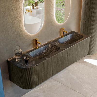 Badmeubel Mondiaz Kurve-Dlux | 175 cm cm | Meubelkleur Shadow | Wastafelkleur Lava | Solid surface | Dubbel / Rechts spoelbak | 2 kraangaten