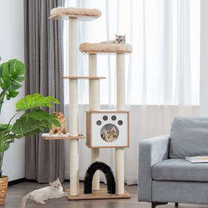 Krabpaal met 6 Verdiepingen Kattenboom met Gezellige Matten Grot en Kattenboog Kattenmeubels Klimboom Speelboom Beige 176 cm Hout