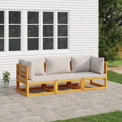 3-delige Loungeset met lichtgrijze kussens massief hout