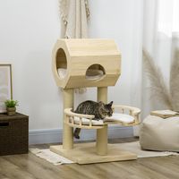 PawHut kattenboom, kattenhuis, met bank, wasbare kussens, drie krabpalen, dennenhout, 59,5 x 59,5 x 92 cm - thumbnail